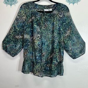 Liz Claiborne Chiffon Blouse Top Size L  Blue/Green Print 3/4 Sleeves Tie‎ Neck
